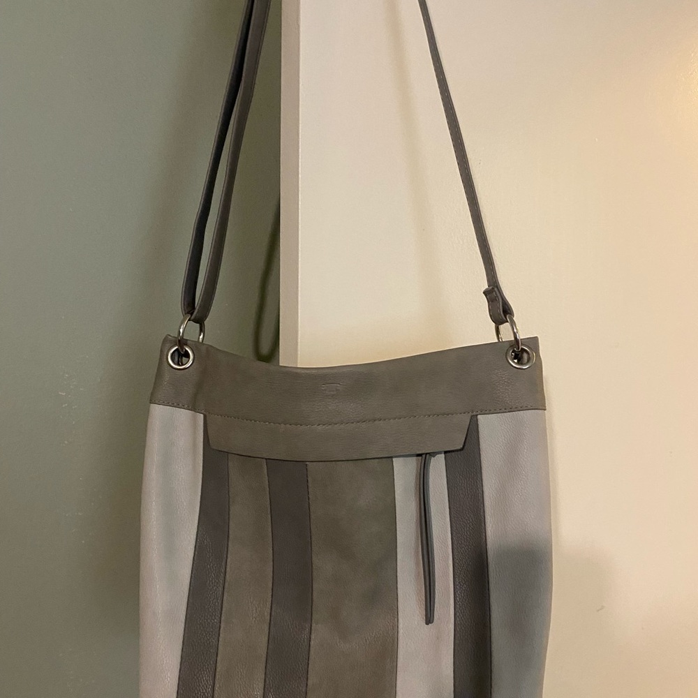 Gray and Brown Crossbody Bag with Adjustable Strap and Striped Design - Picture 6 of 6